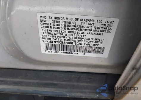 2008 Honda Pilot Ex-L from USA, damaged, VIN 5FNYF28558B016026